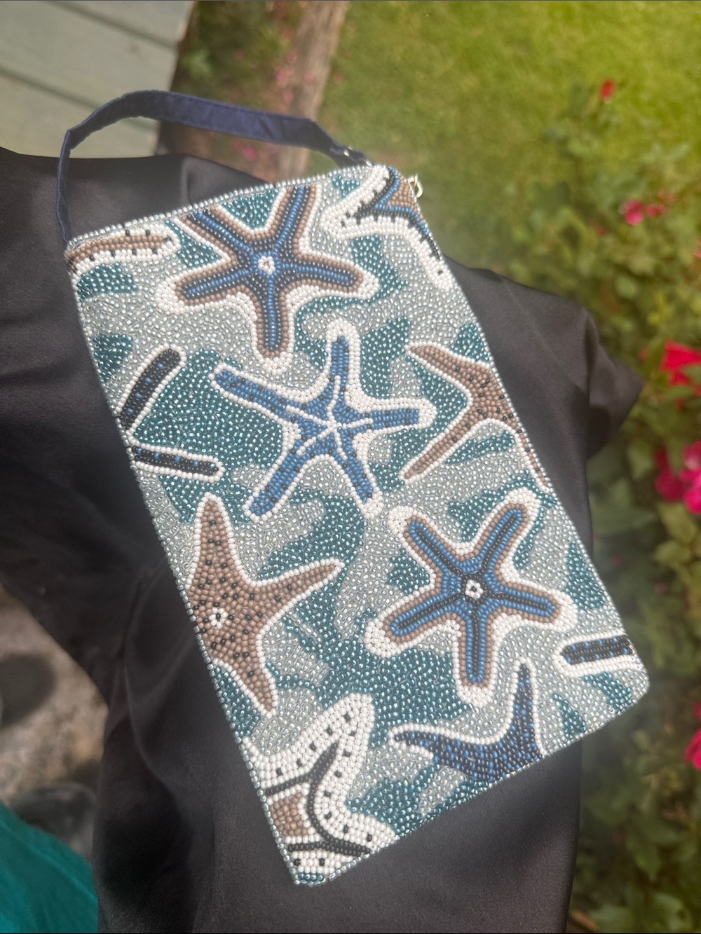 Beaded Bamboo Traders Starfish Crossbody Bag in Blue, White, Brown